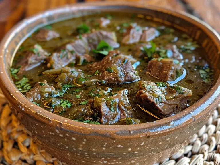 A steaming bowl of Mexican Beef Chile Verde