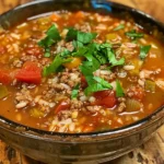 A vibrant bowl of One-Pot Stuffed Pepper Soup