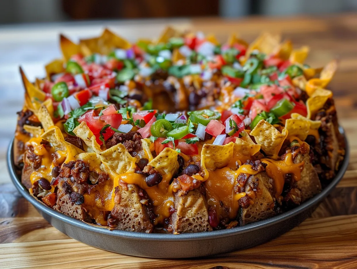 Aerial view of colorful bundt pan nachos with various toppings