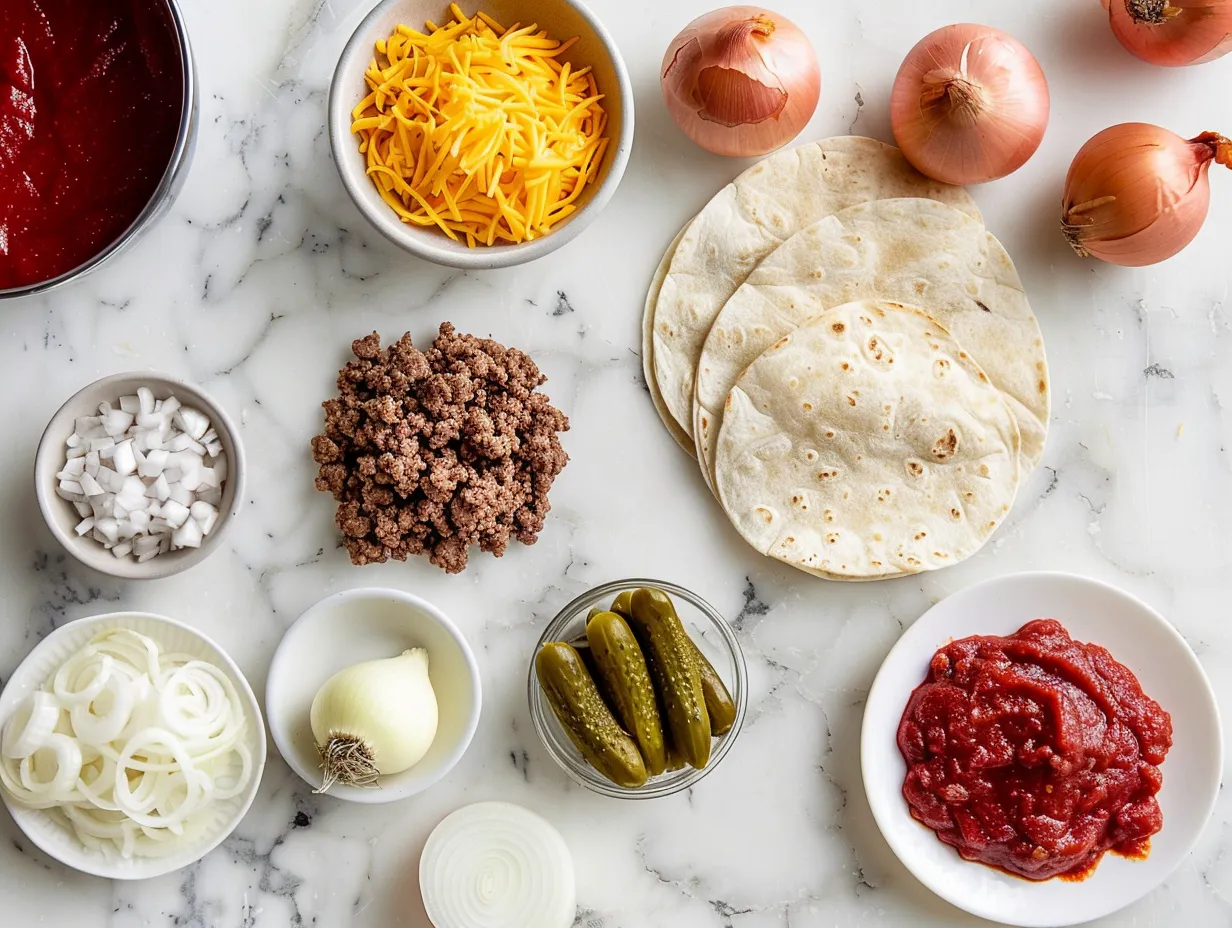 All the fresh ingredients for smashburger quesadillas laid out on marble.