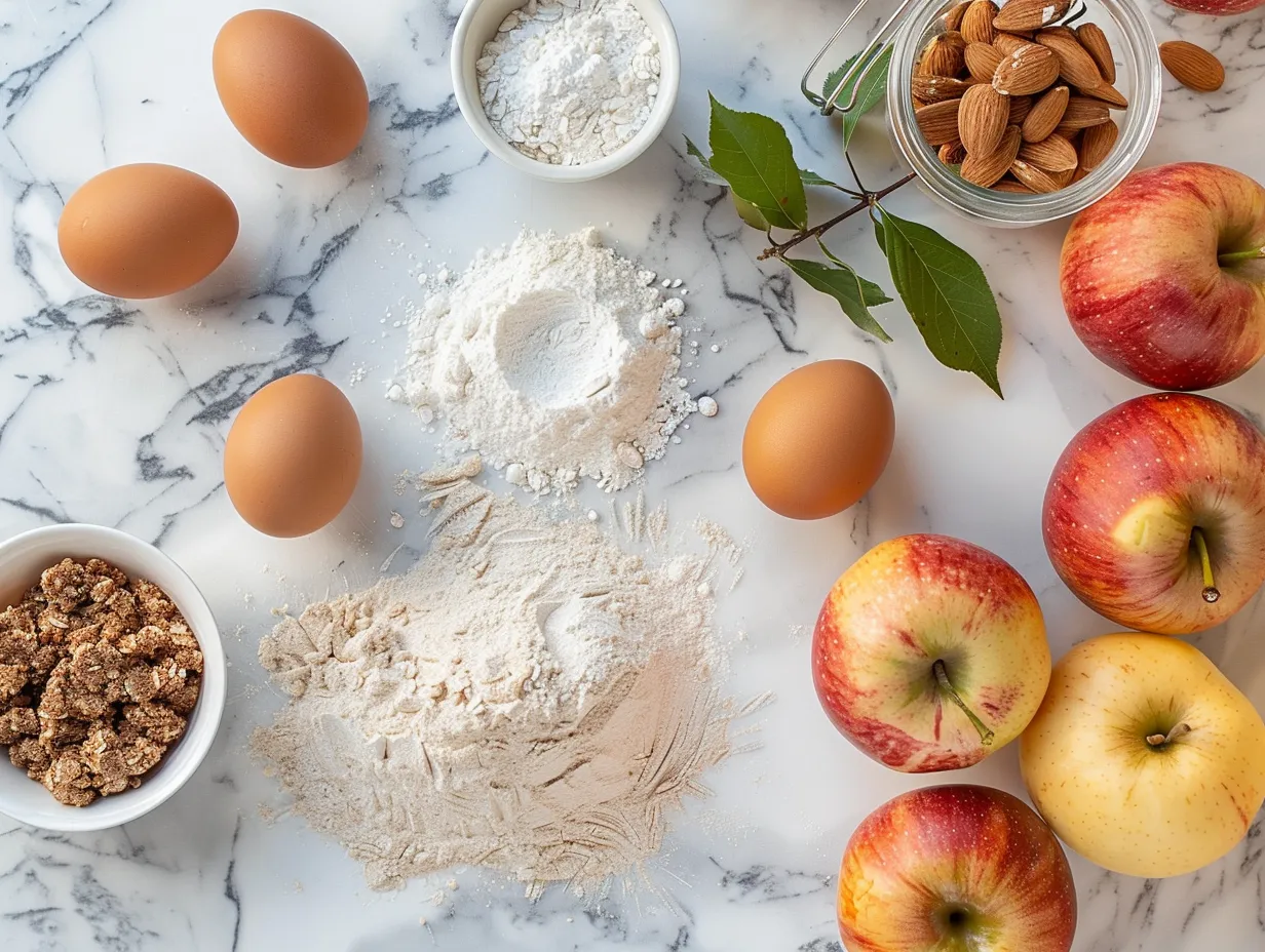 Ingredients for homemade apple crisp including apples, flour, oats, brown sugar, cinnamon, nutmeg, ginger, butter, lemon juice, granulated sugar, cornstarch, and salt.