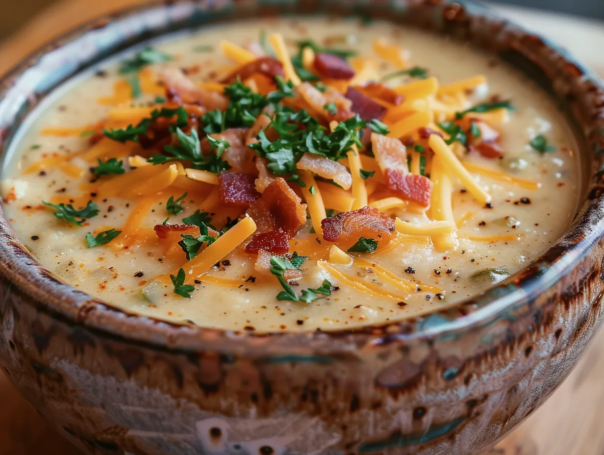 A bowl of creamy Jalapeno Popper Soup garnished with bacon and cheese