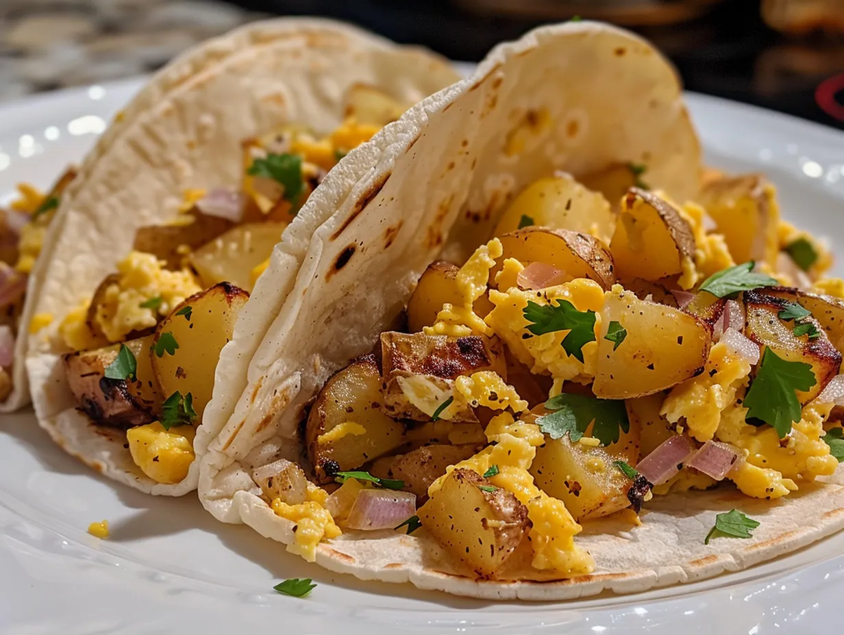 Delicious Potato Egg Cheese Breakfast Tacos served on a plate.