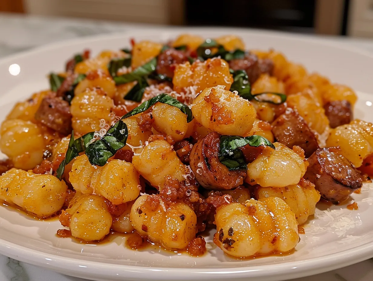 Butternut Squash Gnocchi with Sausage served on a white plate, garnished with Parmesan cheese and sage.