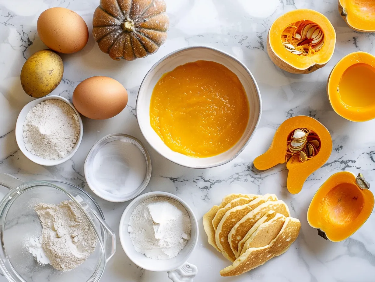 Butternut squash pancake ingredients on a marble counter