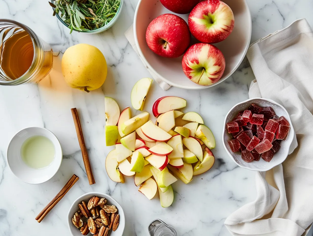 Ingredients for making Caramel Apple Sangria including apples, pears, caramel vodka, and apple cider.