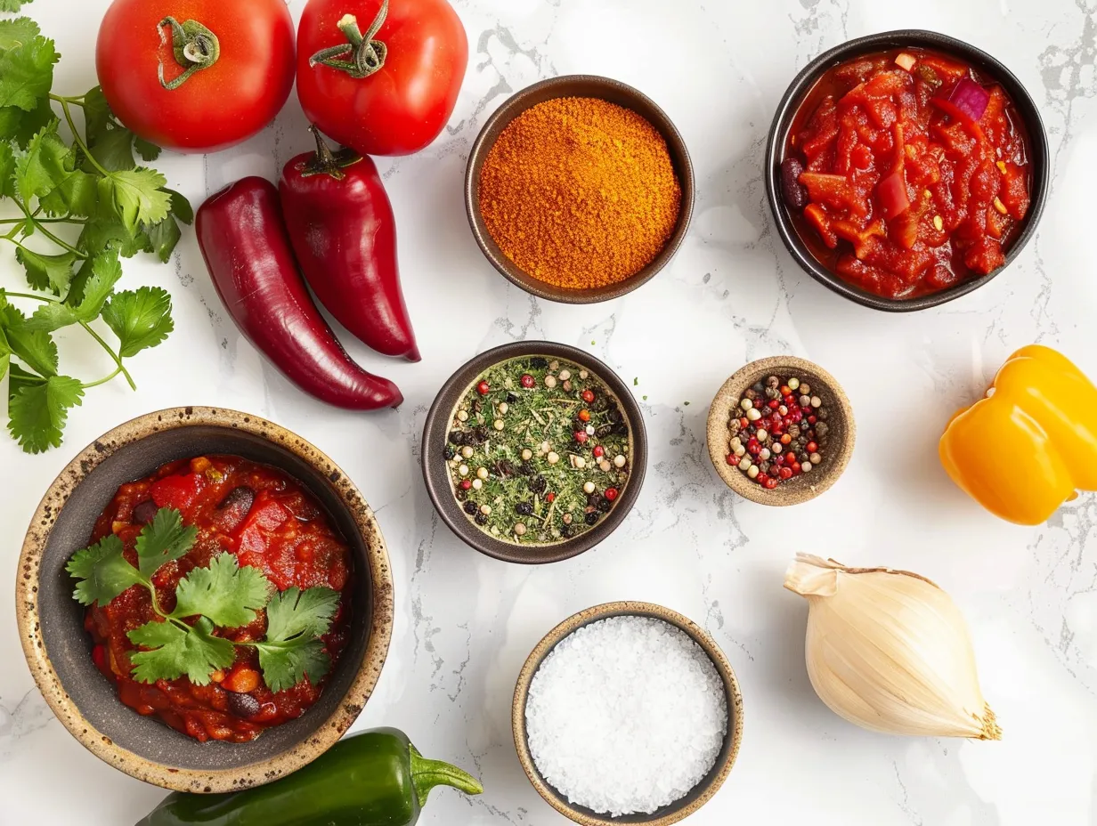 Ingredients for the best chili recipe, arranged on a marble countertop