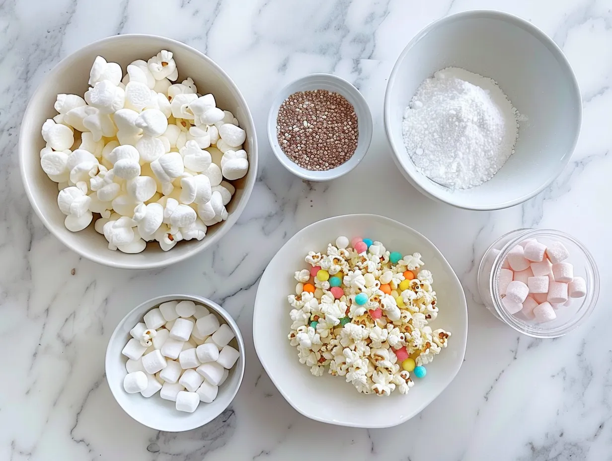 Ingredients for Sweet Marshmallow Popcorn Balls, including marshmallows, popcorn, and salted butter.