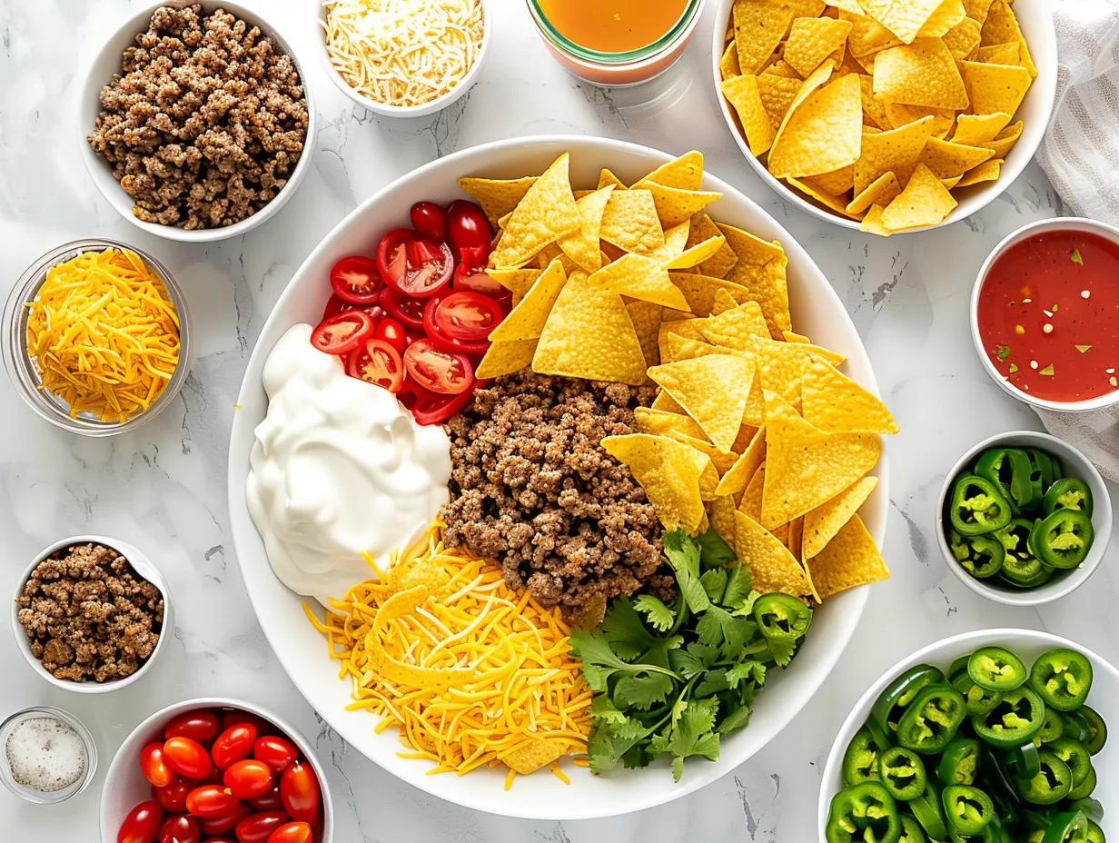 Close-up of various nacho ingredients, including ground beef, cheese, and vegetables, on a marble surface.