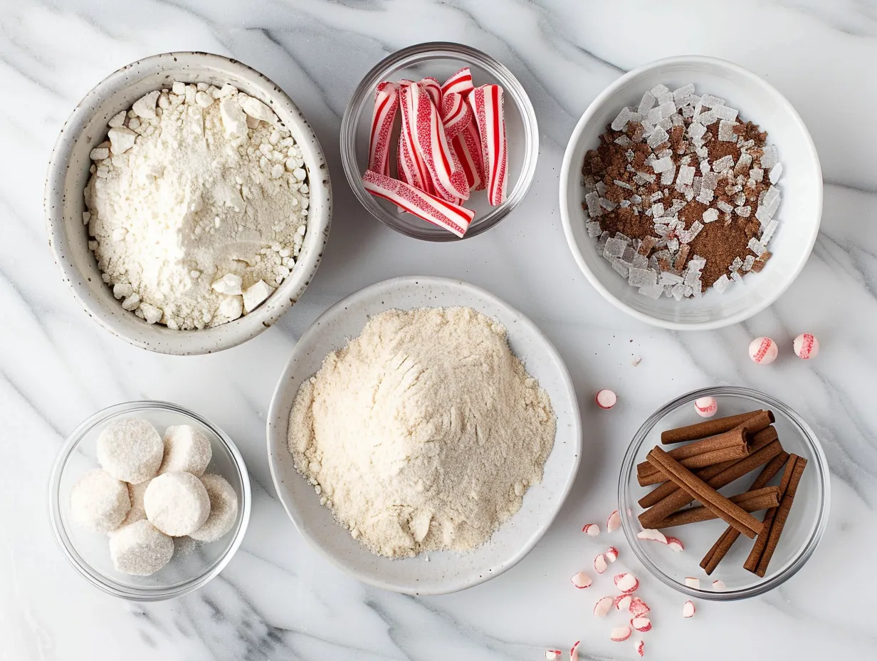 A close-up of the ingredients for making peppermint bark cinnamon rolls, including flour, sugar, butter, peppermint bark, and spices.