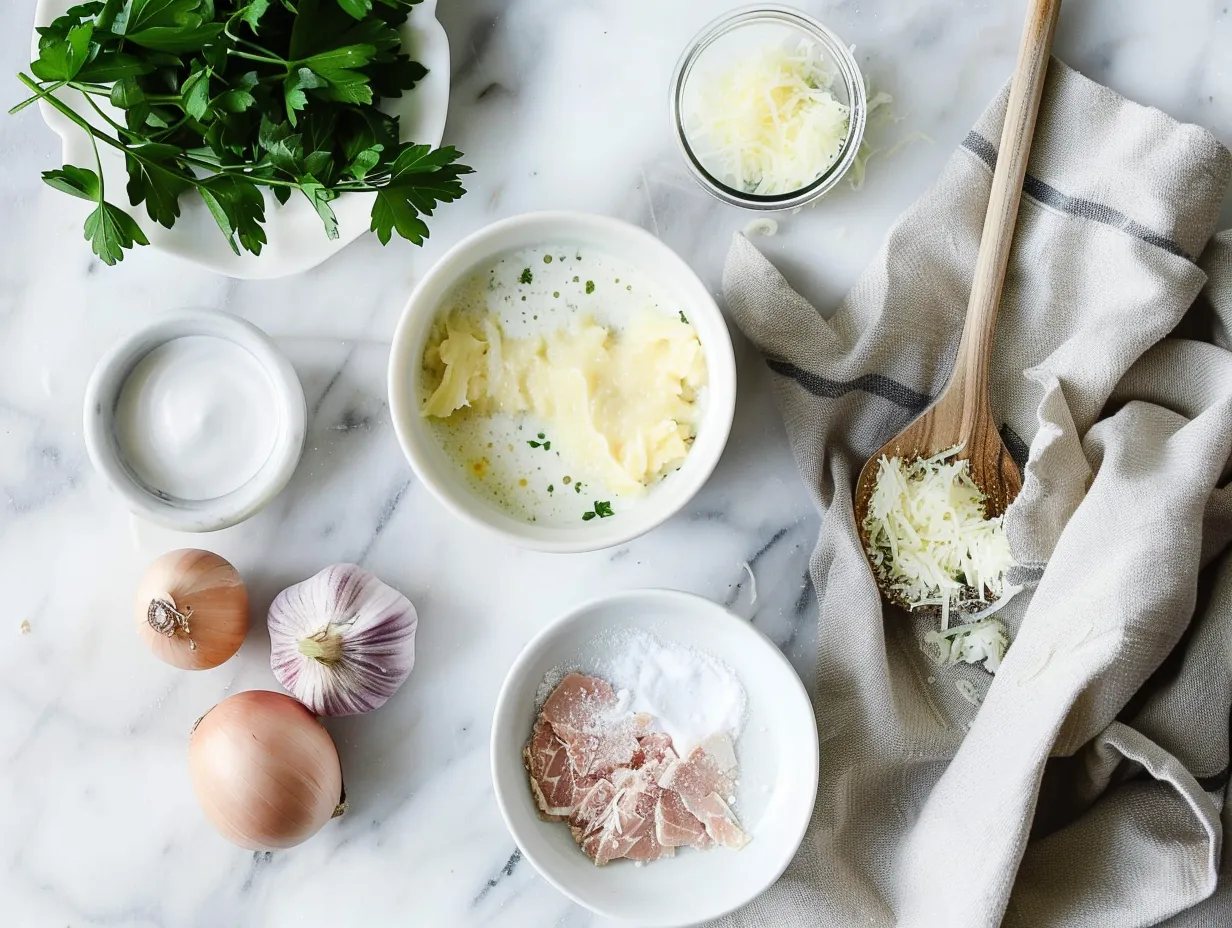 Ingredients for Creamy Reuben Soup including corned beef, sauerkraut, onion, garlic, beef broth, heavy cream, and Thousand Island dressing.