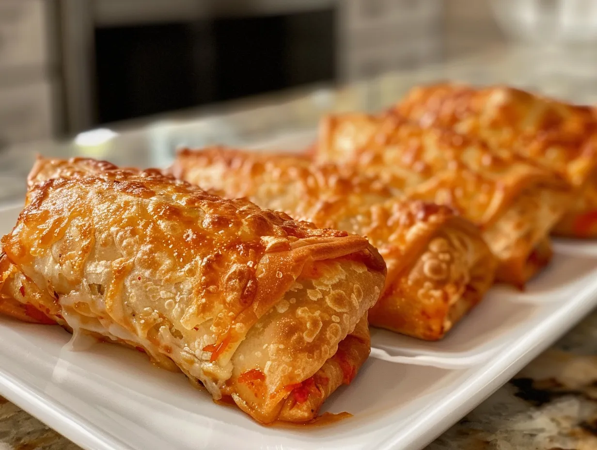 Crispy air fryer pizza rolls plated and ready to eat