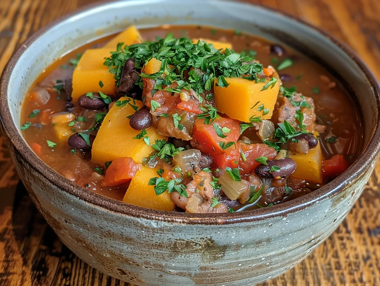 A bowl of delicious black bean butternut squash stew garnished with cilantro and avocado.