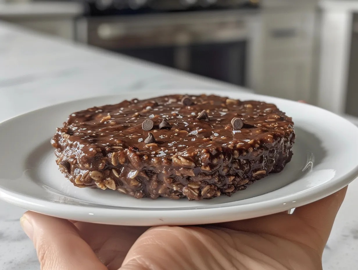 A delicious serving of warm Chocolate Protein Baked Oats, ready to eat