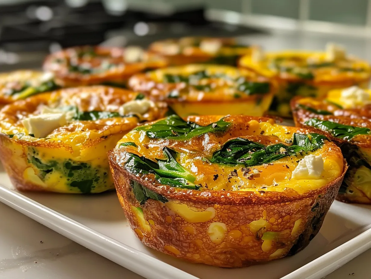 Delicious egg muffins with spinach and feta, golden brown and ready to eat.