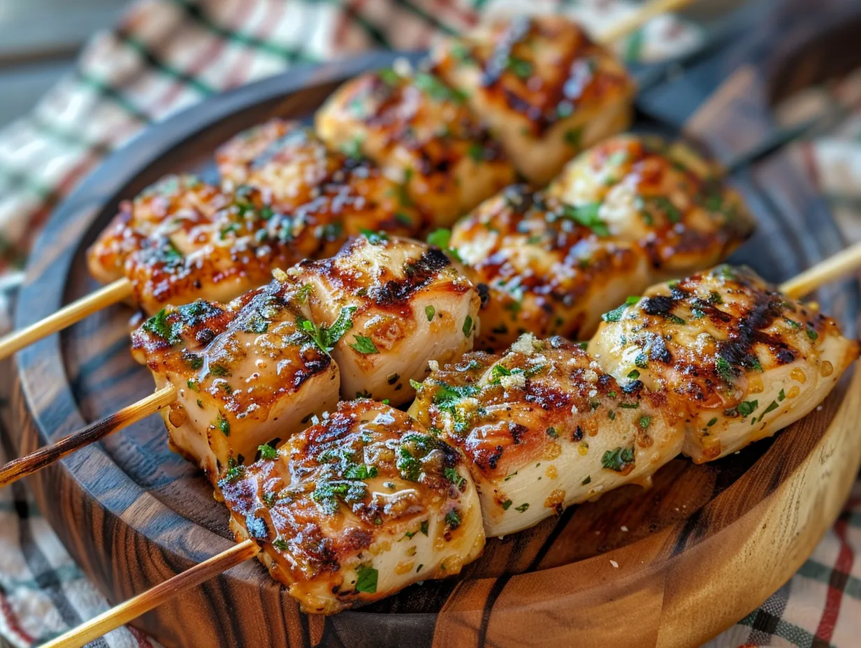 Delicious garlic parmesan chicken skewers ready to eat on a plate.