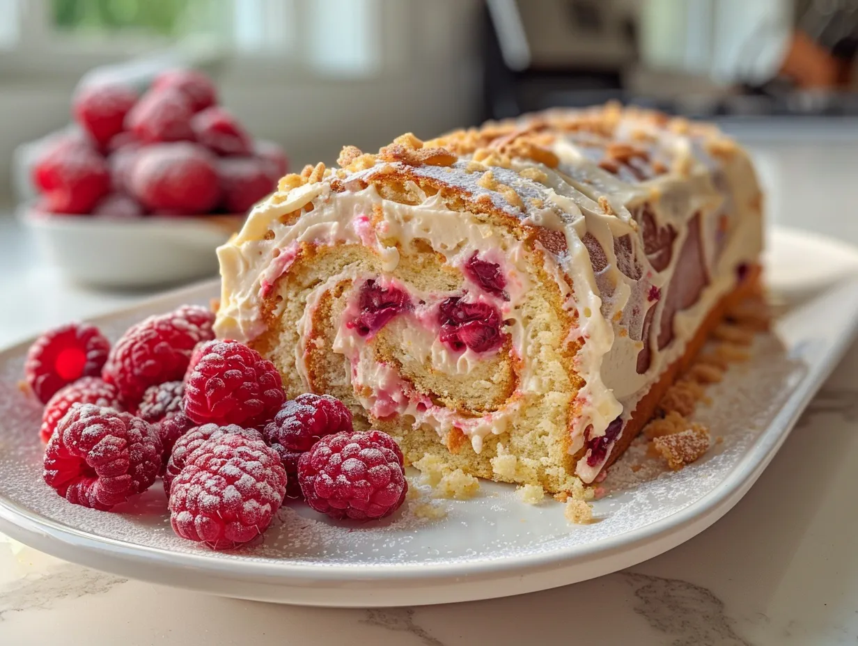 Delicious Raspberry White Chocolate Cake Roll sliced and ready to serve