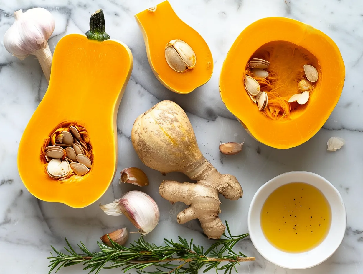 Fresh butternut squash and maple syrup on a marble surface