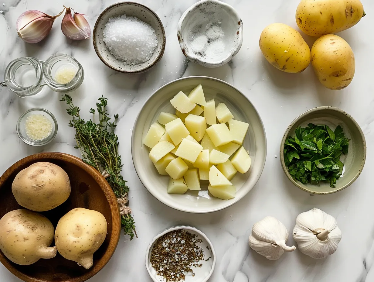 Fresh ingredients for Cheddar Garlic Herb Potato Soup on a wooden cutting board.