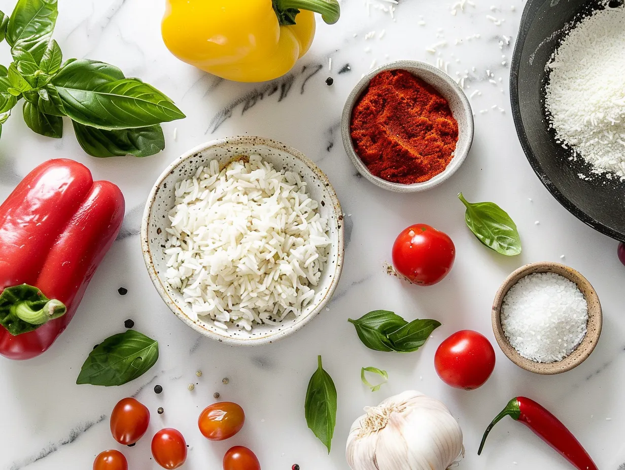 Fresh ingredients laid out for making coconut rice stuffed peppers, including bell peppers, rice, coconut milk, and spices