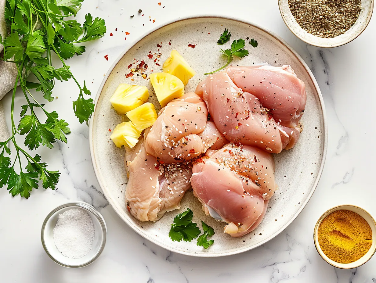 Fresh ingredients including pineapple, BBQ sauce, and chicken thighs for making Crockpot Pineapple BBQ Chicken.