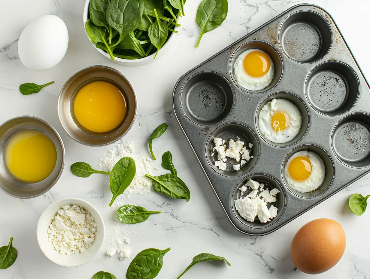 Fresh ingredients for making egg muffins with spinach and feta, including eggs, spinach, feta cheese, and spices.