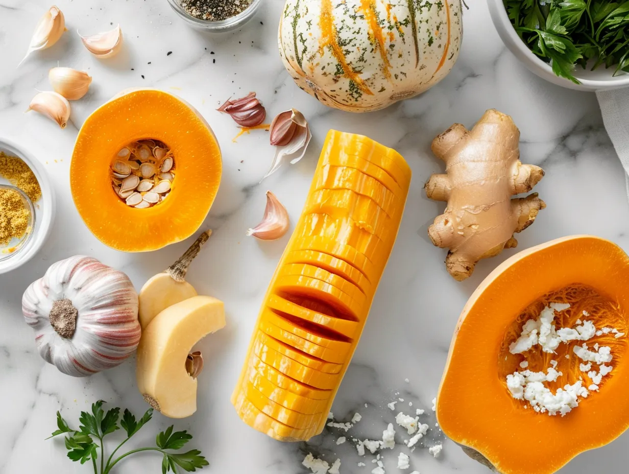 Fresh ingredients including butternut squash, feta, and spices for making hasselback butternut squash with feta