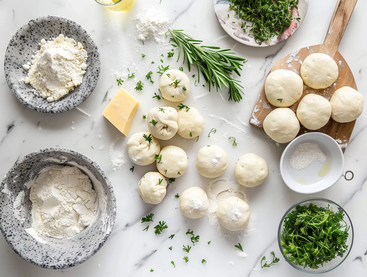 Fresh ingredients for making the herb and cheese filling for the puff pastry bites.