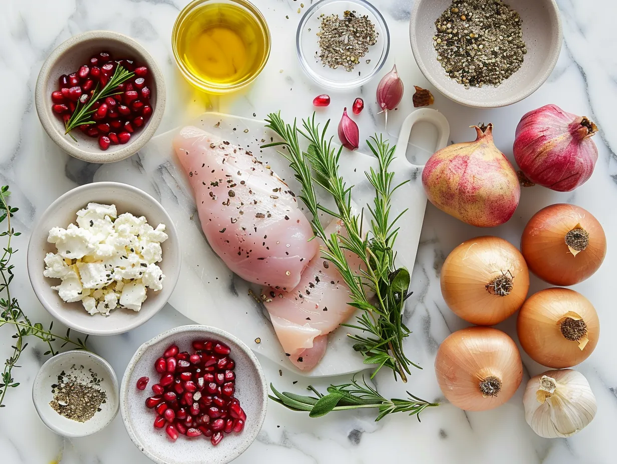 Fresh ingredients for preparing One-Pan Chicken Feta Pomegranate, including chicken, feta, pomegranate, and vegetables, arranged on a white marble surface.