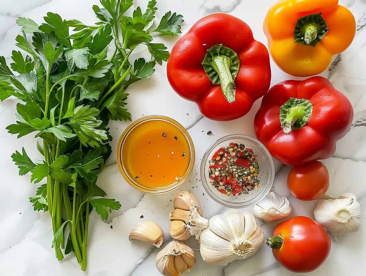 Fresh and colorful ingredients for making one-pot stuffed pepper soup including ground beef, bell peppers, onions, garlic, crushed tomatoes, tomato sauce, beef broth, rice, and spices.