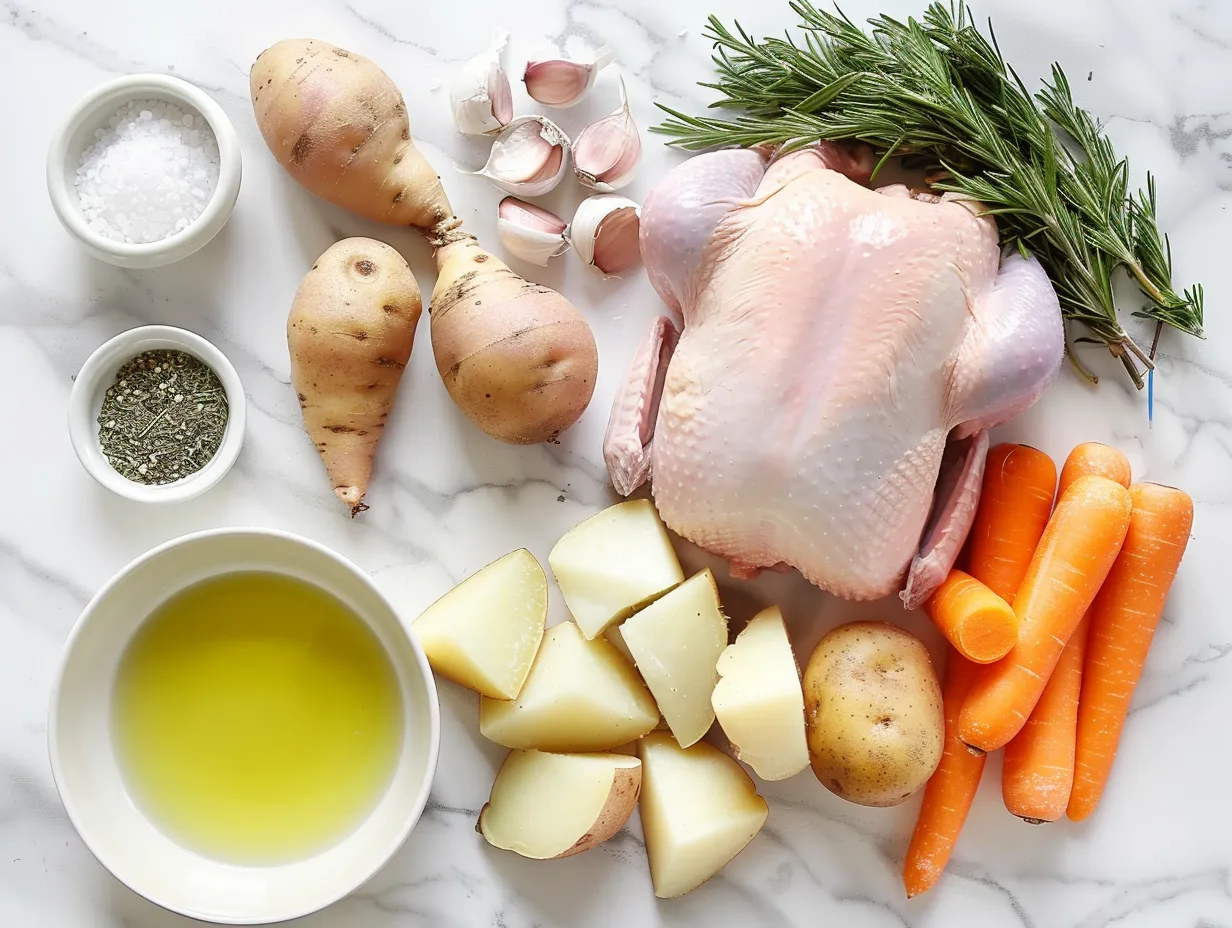 Fresh ingredients for making roast chicken and vegetables, including carrots, potatoes, and herbs.
