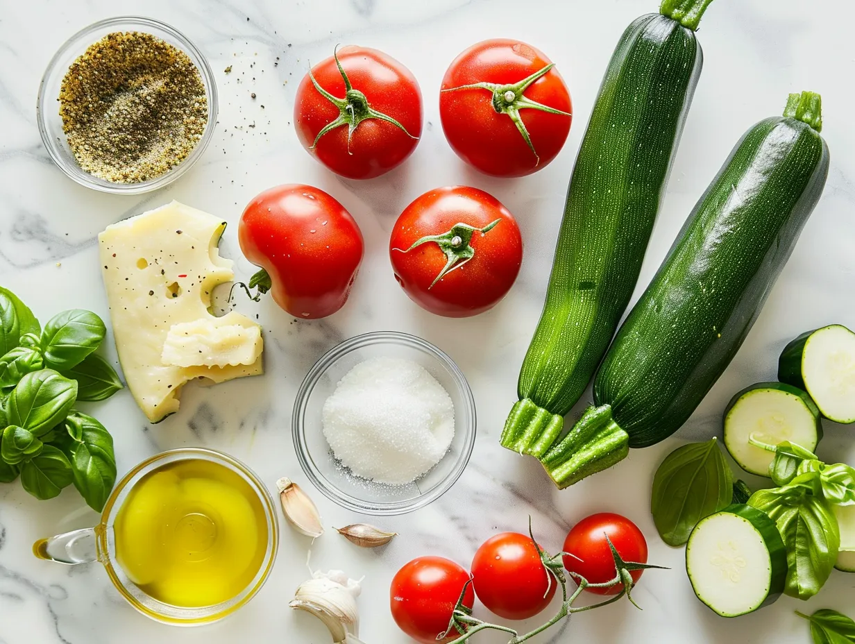 Fresh ingredients including zucchini, ground turkey, cheeses, and spices, laid out for making Zucchini Lasagna with Turkey