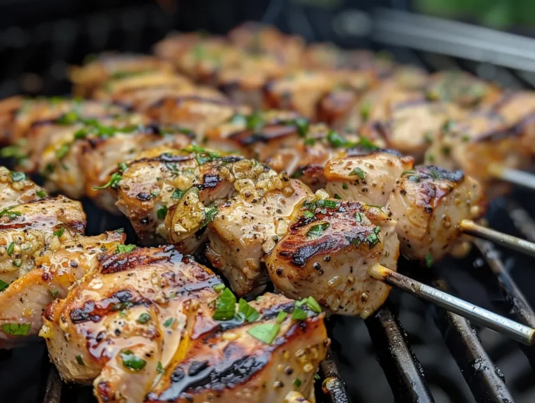 Garlic Parmesan Chicken Skewers on a Grill