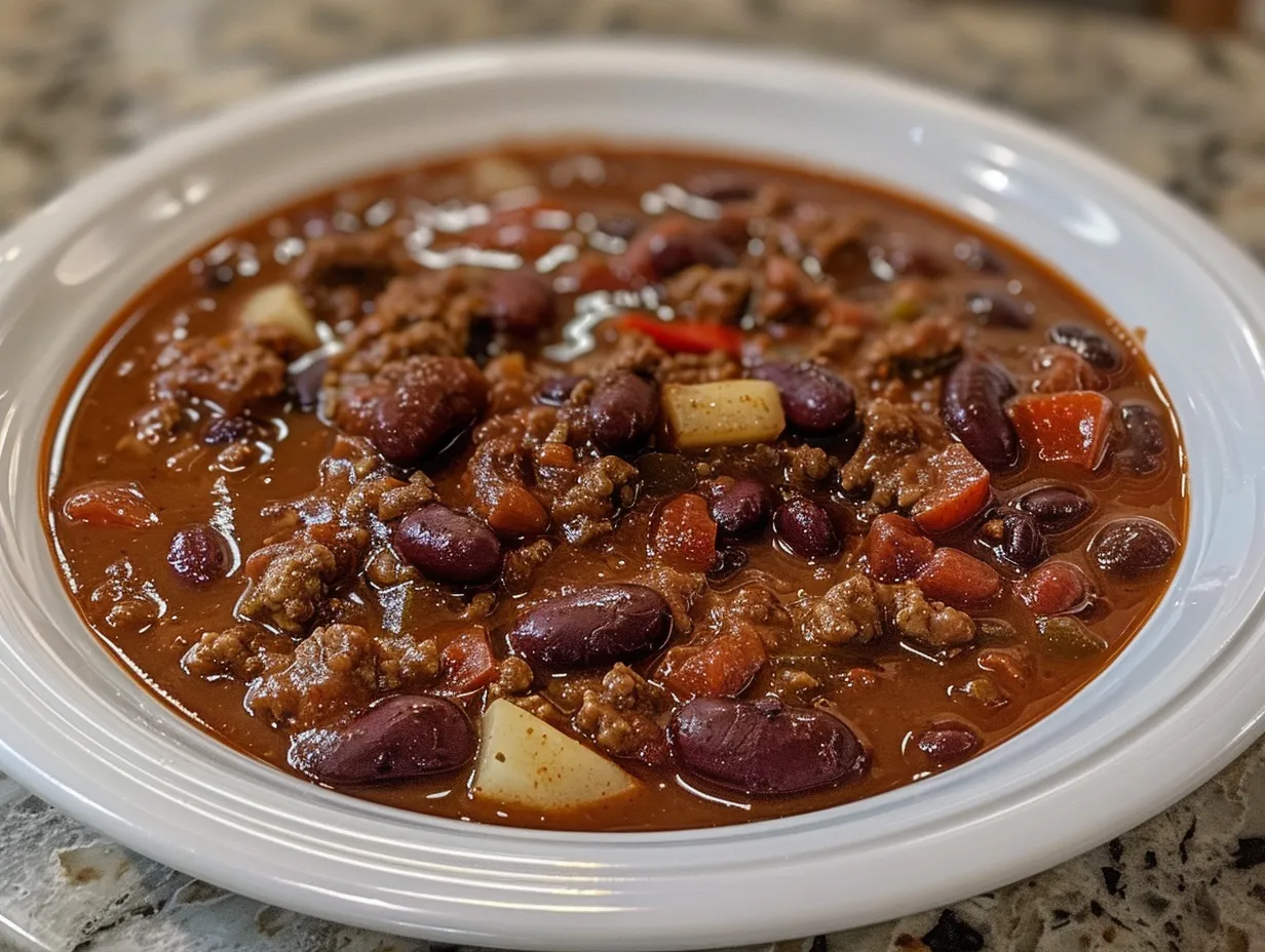 A hearty bowl of homemade chili, topped with sour cream and cilantro