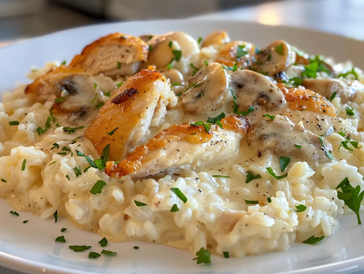 A bowl of homemade creamy smothered chicken and rice