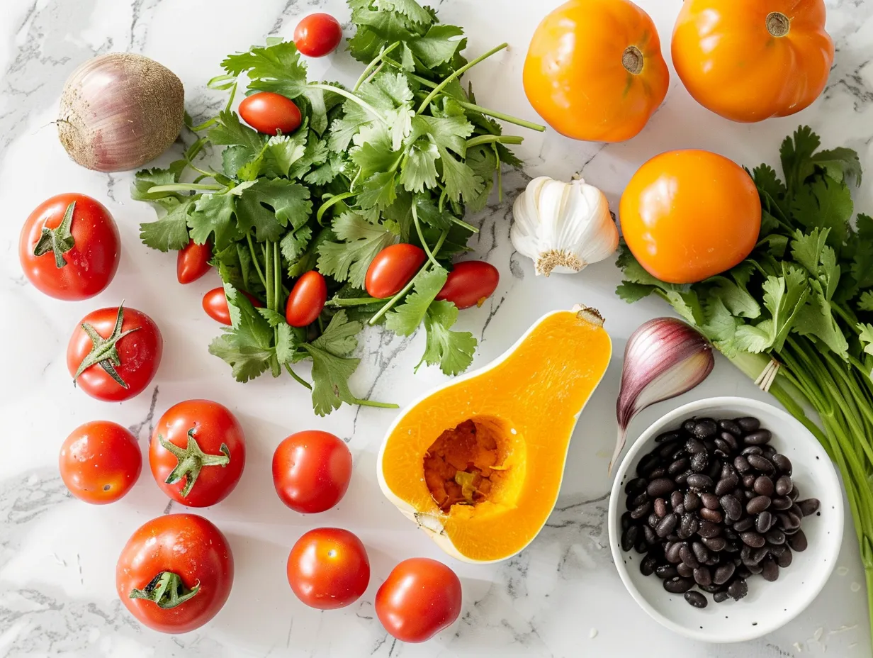 Ingredients for Butternut Squash and Black Bean Enchilada Skillet including butternut squash, black beans, and spices.