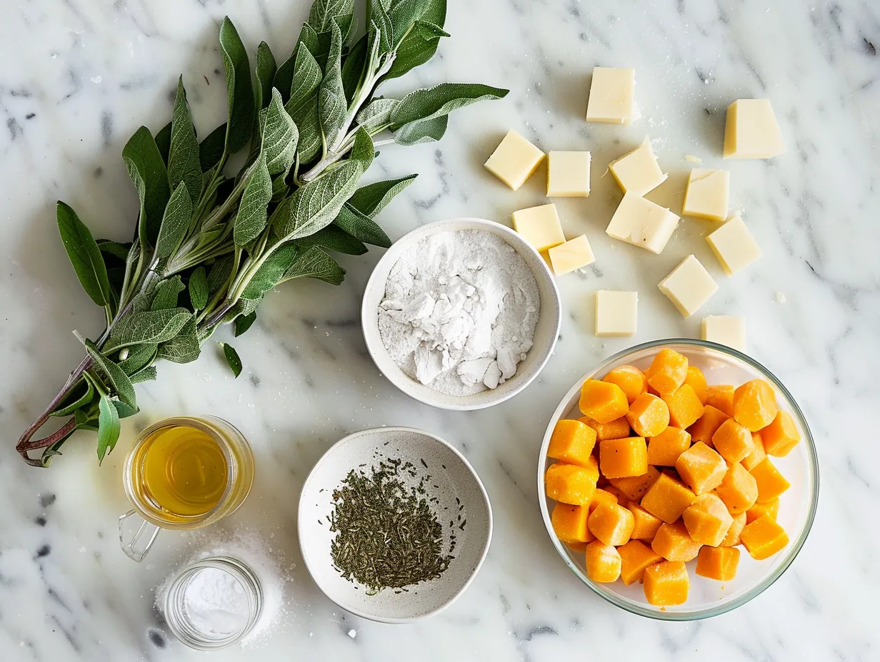 Ingredients for Butternut Squash Gnocchi with Sausage including butternut squash, sausage, flour, egg, Parmesan cheese, butter, sage leaves, salt, and pepper.
