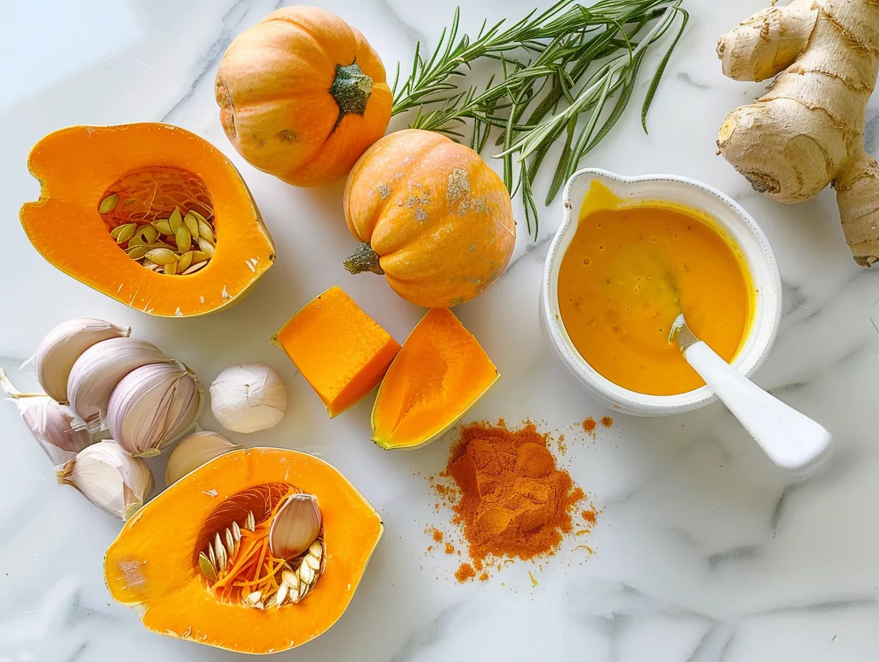 Ingredients needed to make butternut squash soup including butternut squash, spices, onion, garlic, and coconut milk