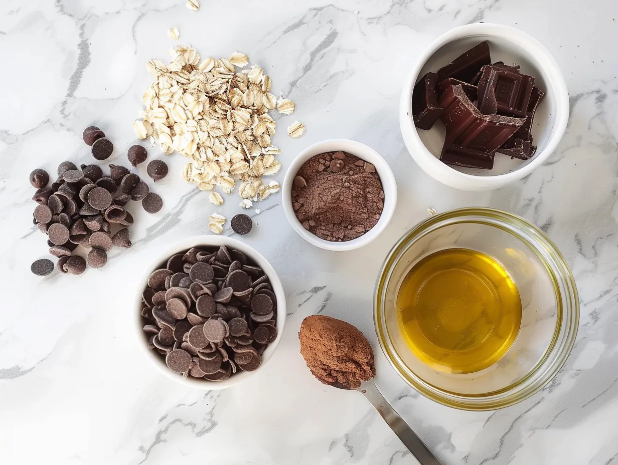 Ingredients for making Chocolate Protein Baked Oats including oats, protein powder, cocoa powder, and chocolate chips