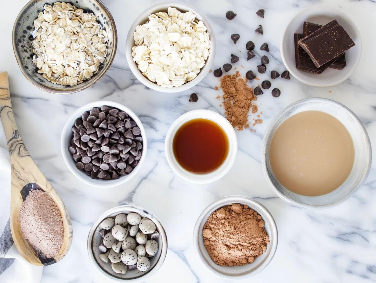 Ingredients for Cookie Dough Overnight Oats: rolled oats, almond milk, chia seeds, Greek yogurt, maple syrup, vanilla extract, almond butter, chocolate chips, and sea salt.