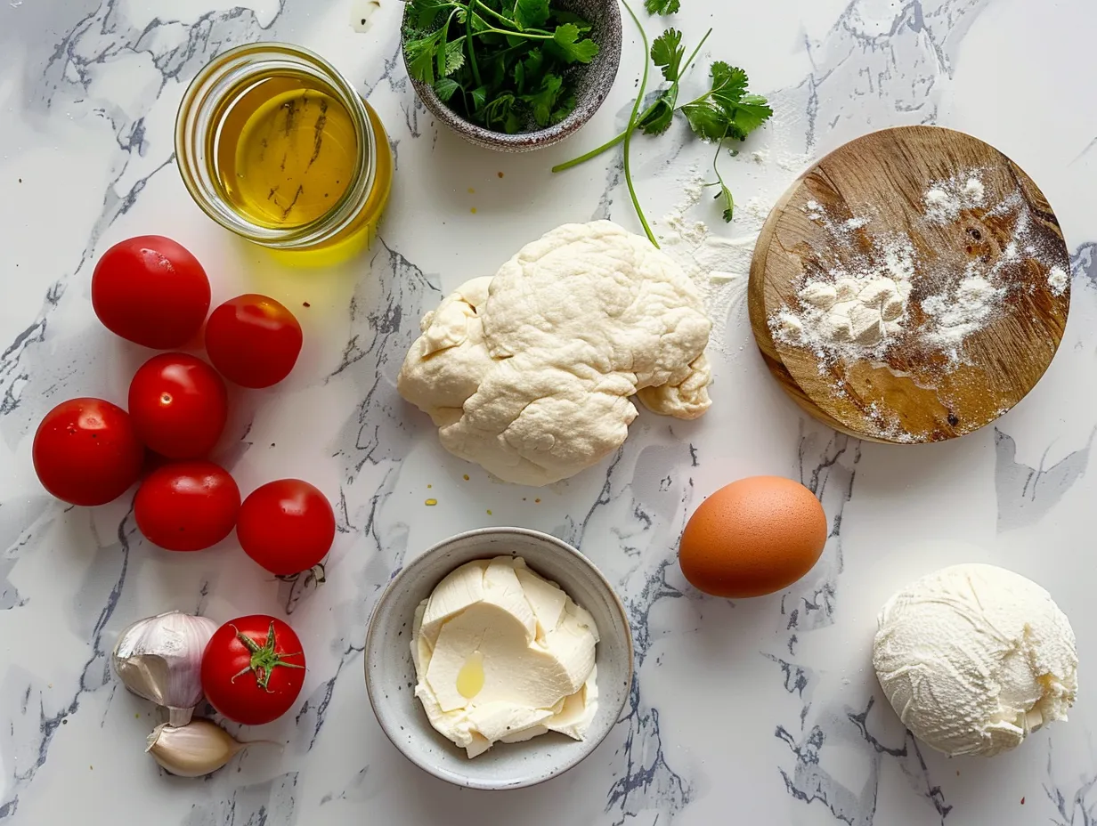 Ingredients for making Cream Cheese Tortilla Bites including cream cheese, tortillas, and vegetables