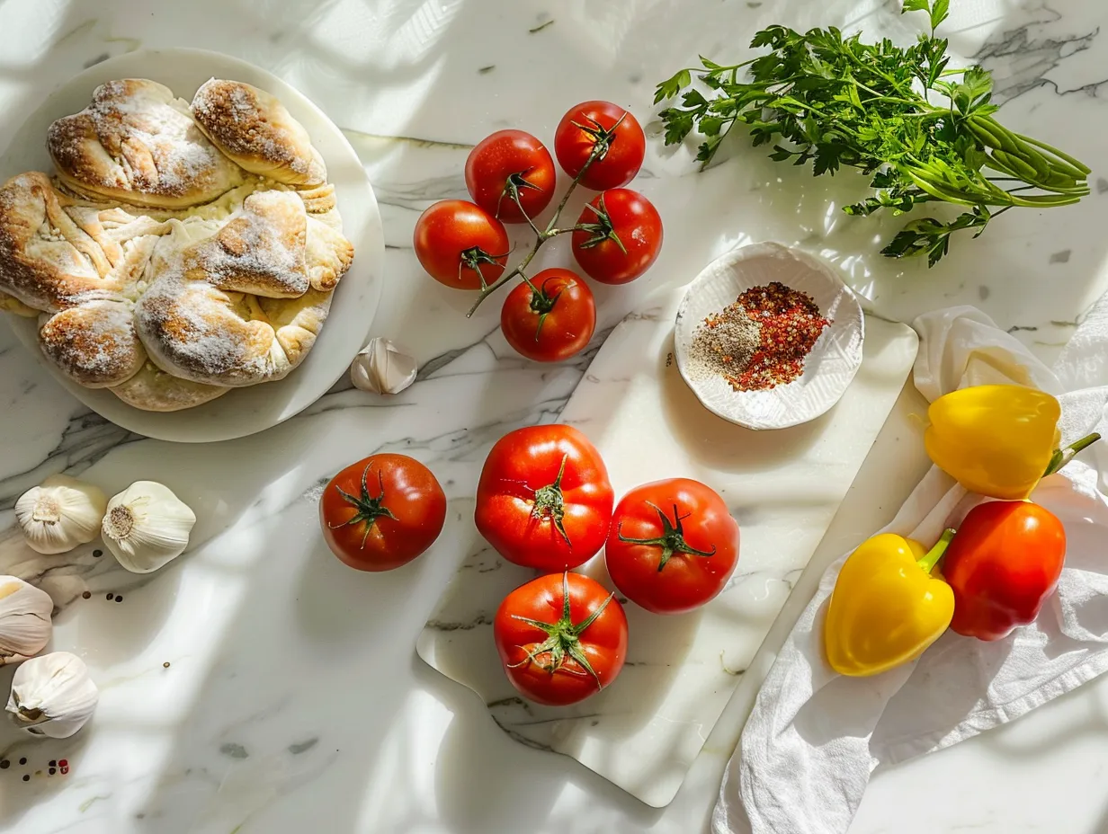 Ingredients for making a crustless tomato pie, including tomatoes, cheeses, and spices