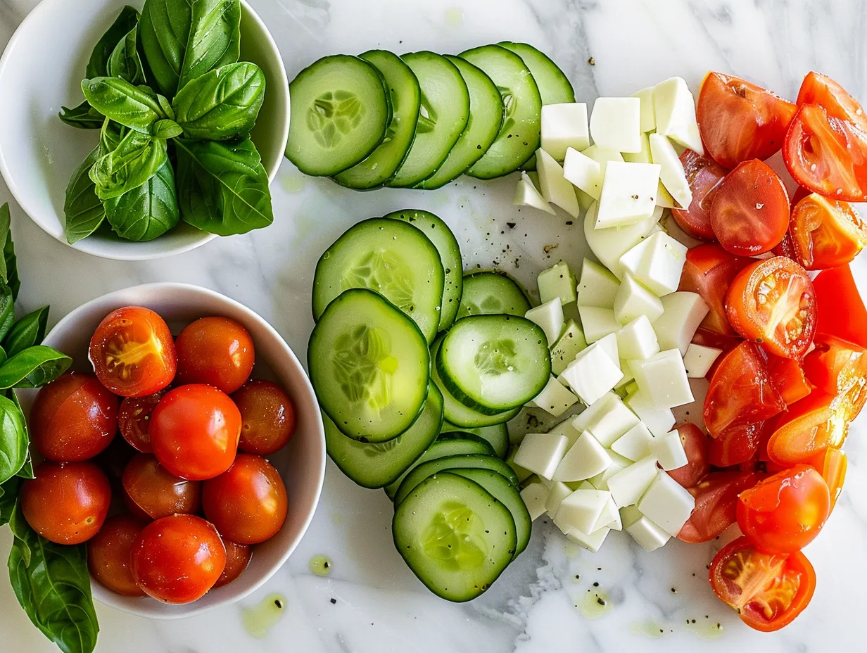 Ingredients for Cucumber Caprese Salad including cucumber, mozzarella, tomatoes, and basil.