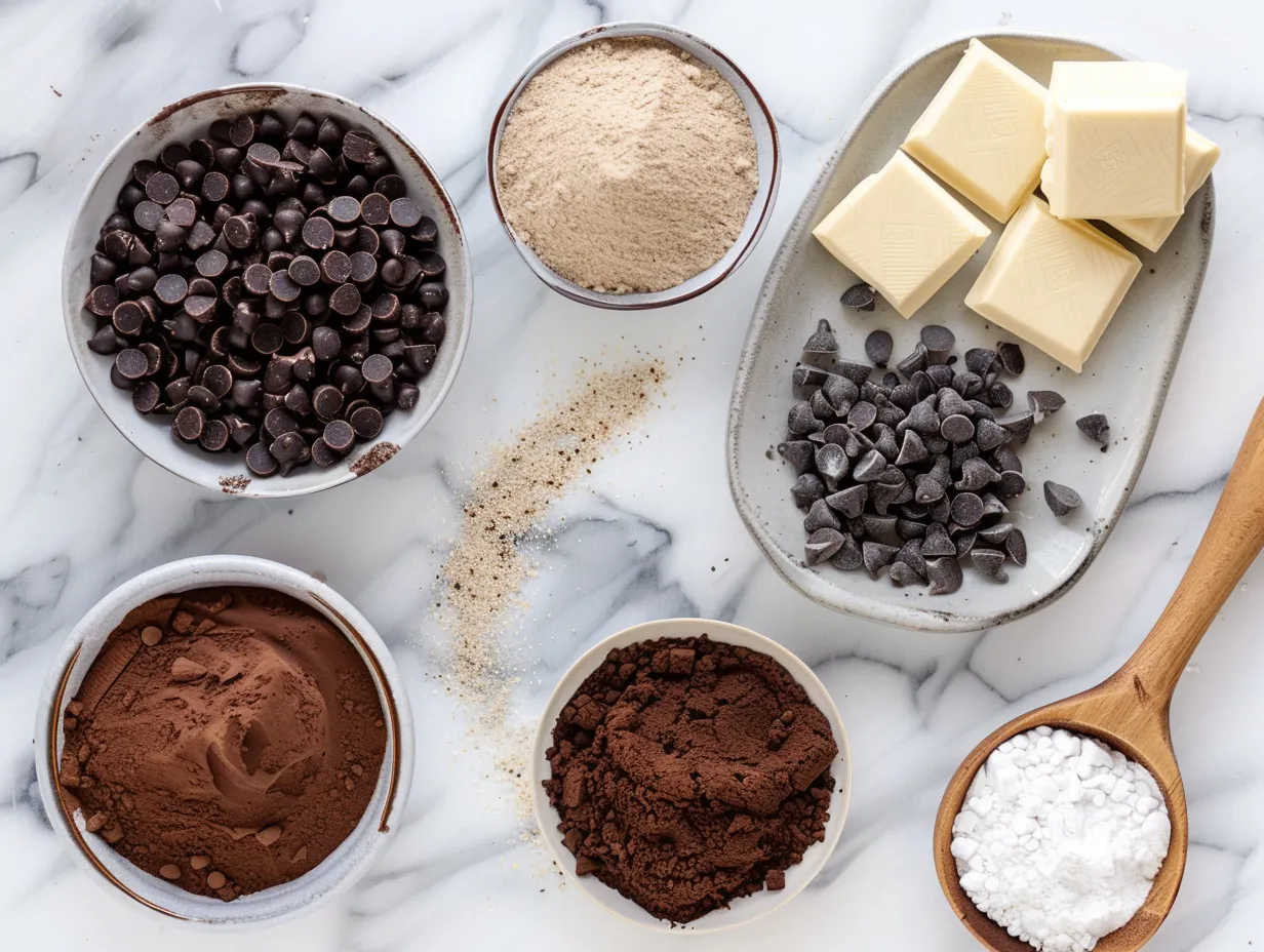 Ingredients for Double Chocolate Vegan Black Bean Cookies including black beans, oats, cocoa powder, and chocolate chips.