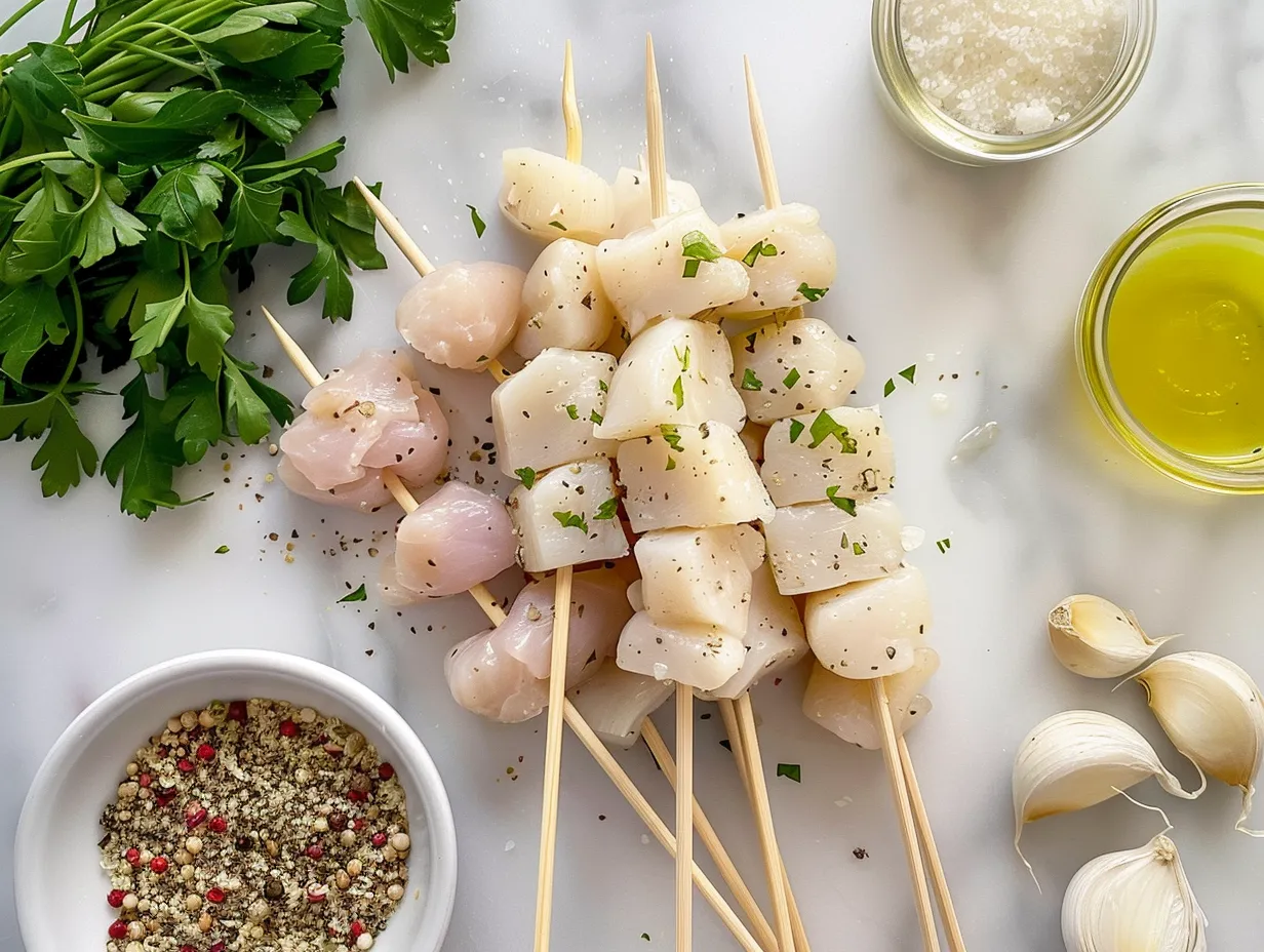 Ingredients for Garlic Parmesan Chicken Skewers including chicken, parmesan cheese, garlic, and parsley.