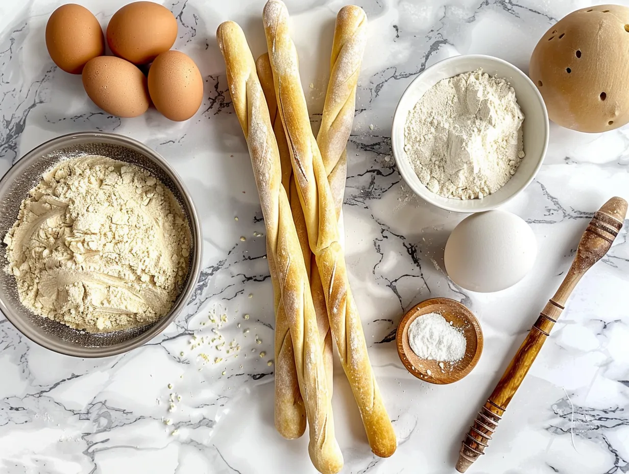 Ingredients for making Homemade Olive Garden Breadsticks including flour, yeast, olive oil, and spices