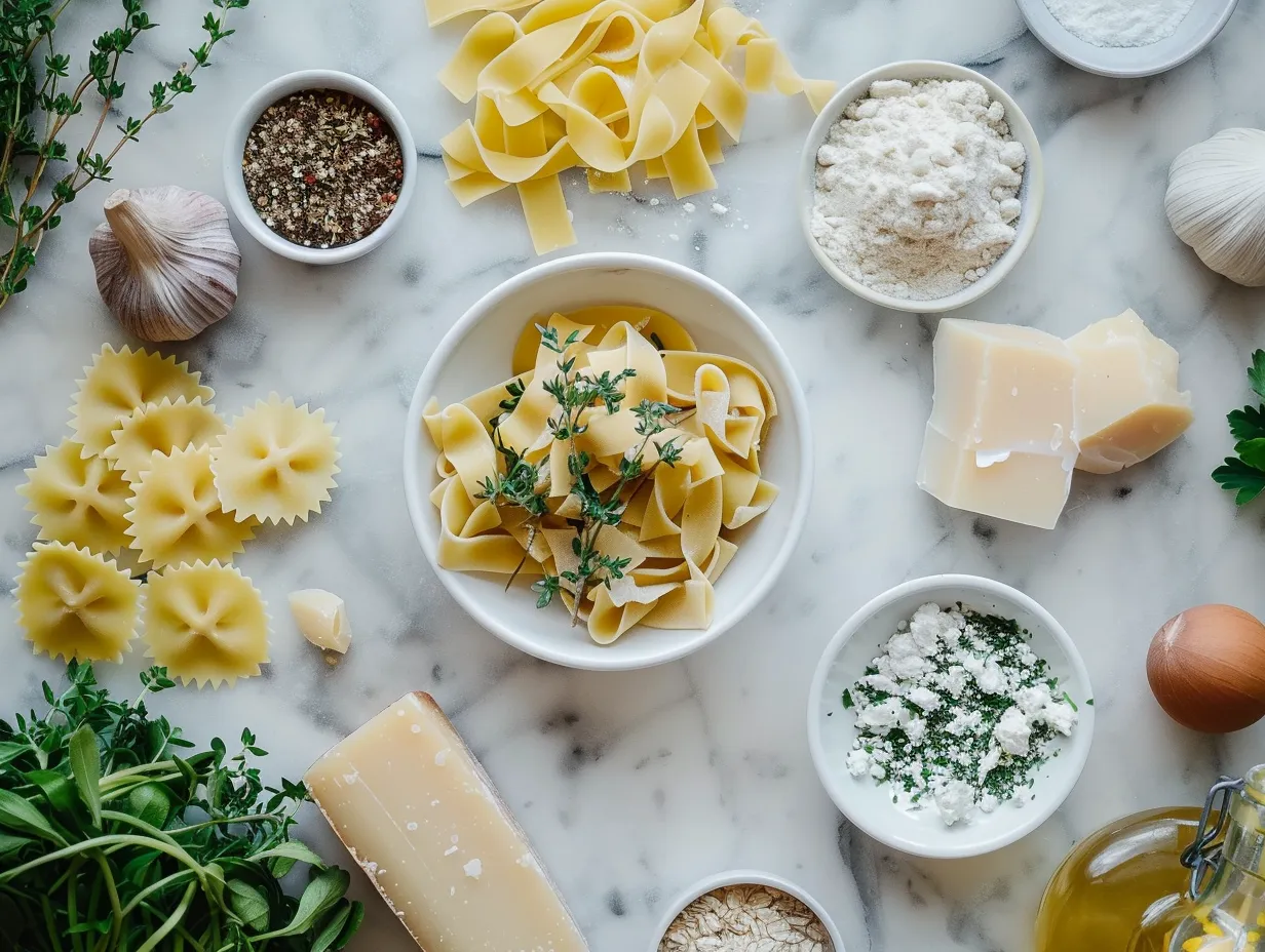 Ingredients for Honeynut Squash Pasta beautifully arranged on a marble countertop