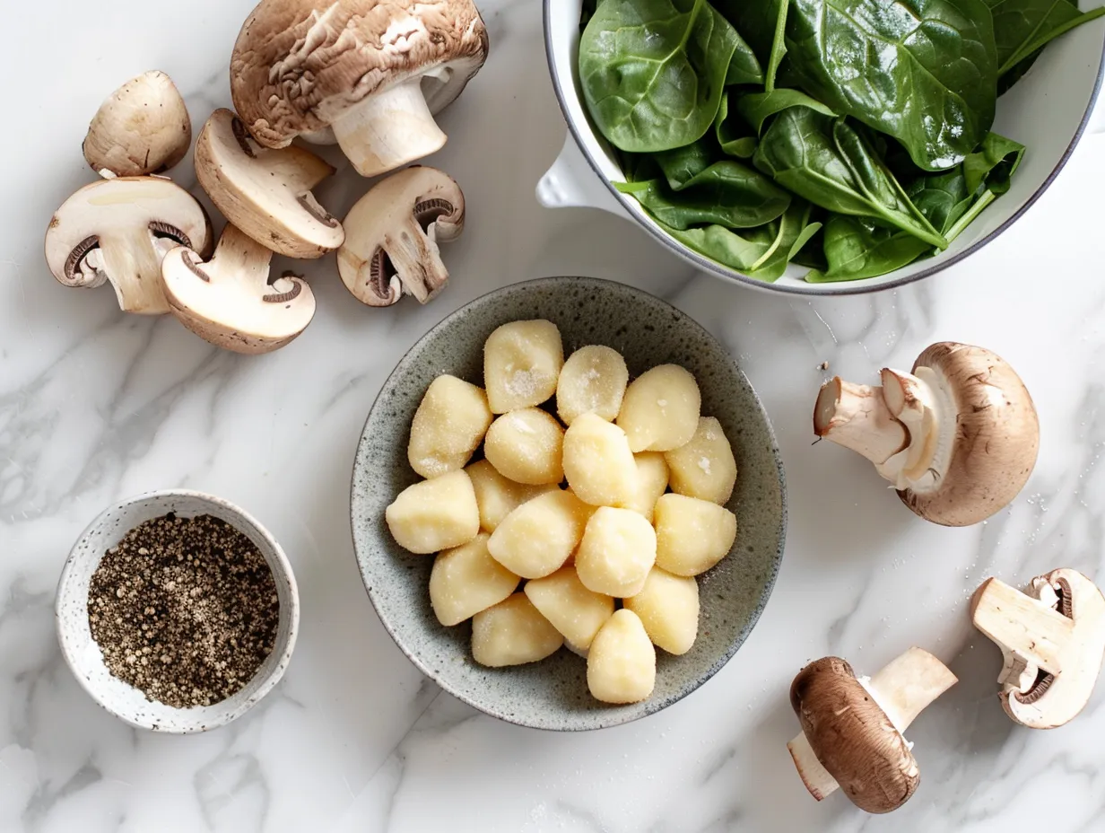 Ingredients for One-Pan Gnocchi with Spinach and Mushrooms laid out on a counter
