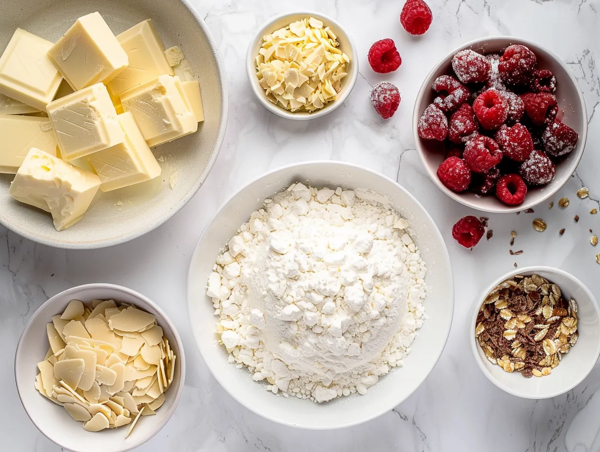 Ingredients for Raspberry White Chocolate Cake Roll including eggs, sugar, flour, white chocolate, raspberries, and other baking essentials