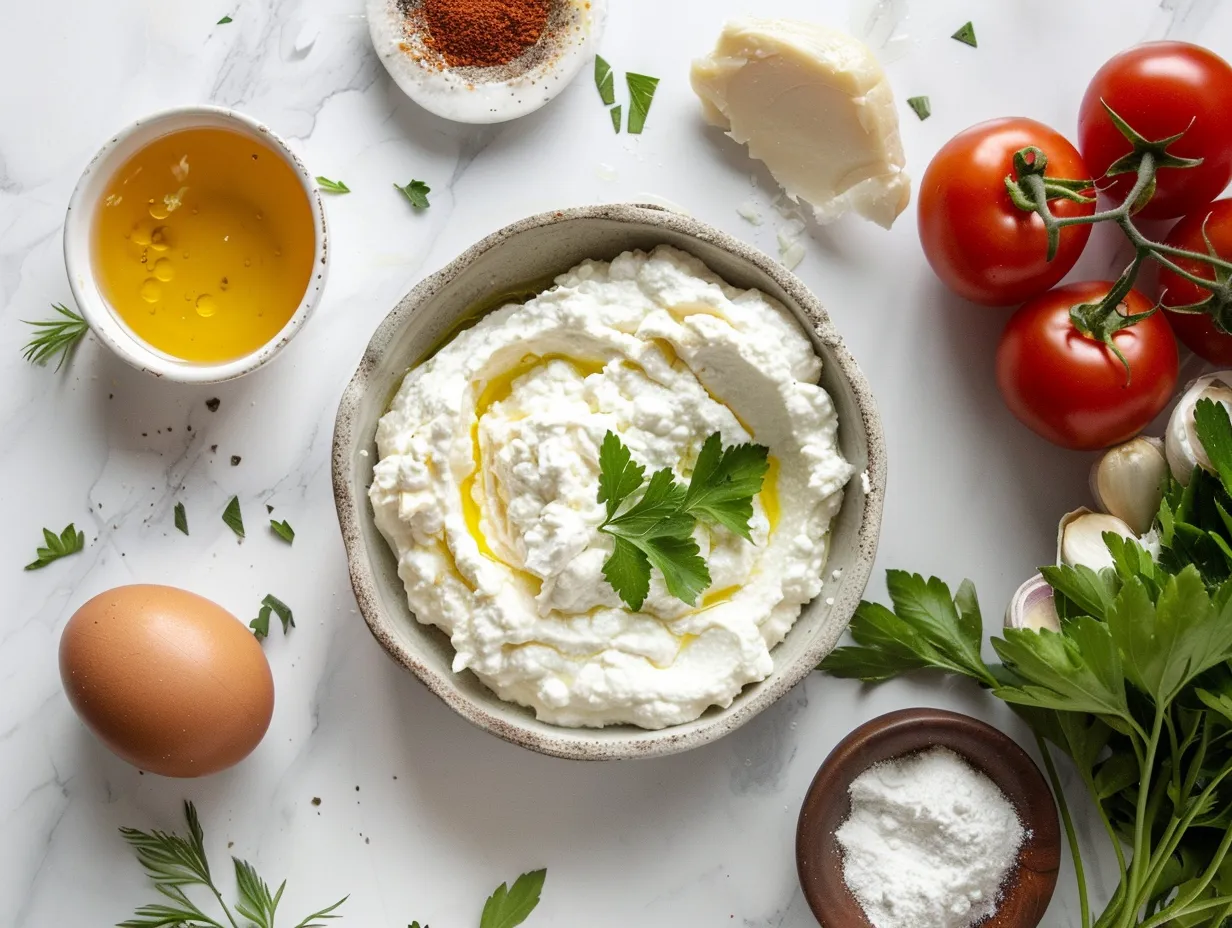 Ingredients needed to make Ricotta Dip with Hot Honey including ricotta cheese, hot honey, and spices